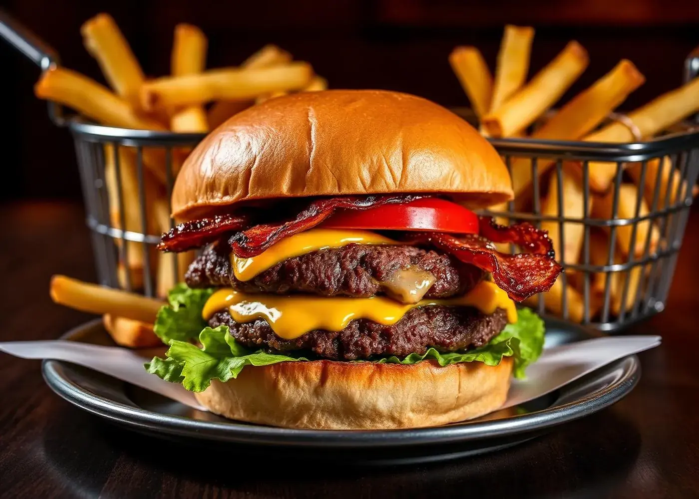 AAA beef burger with bacon and fries