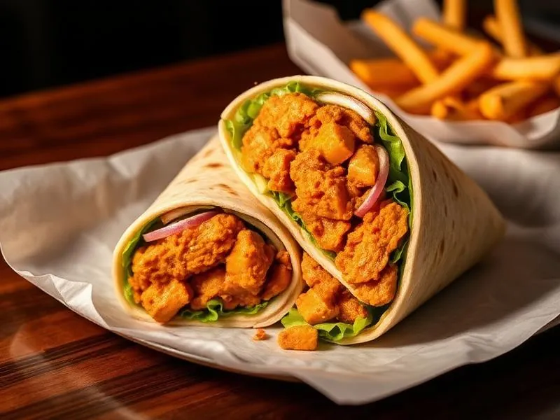 Butter chicken wrap cut in half with a side of fries