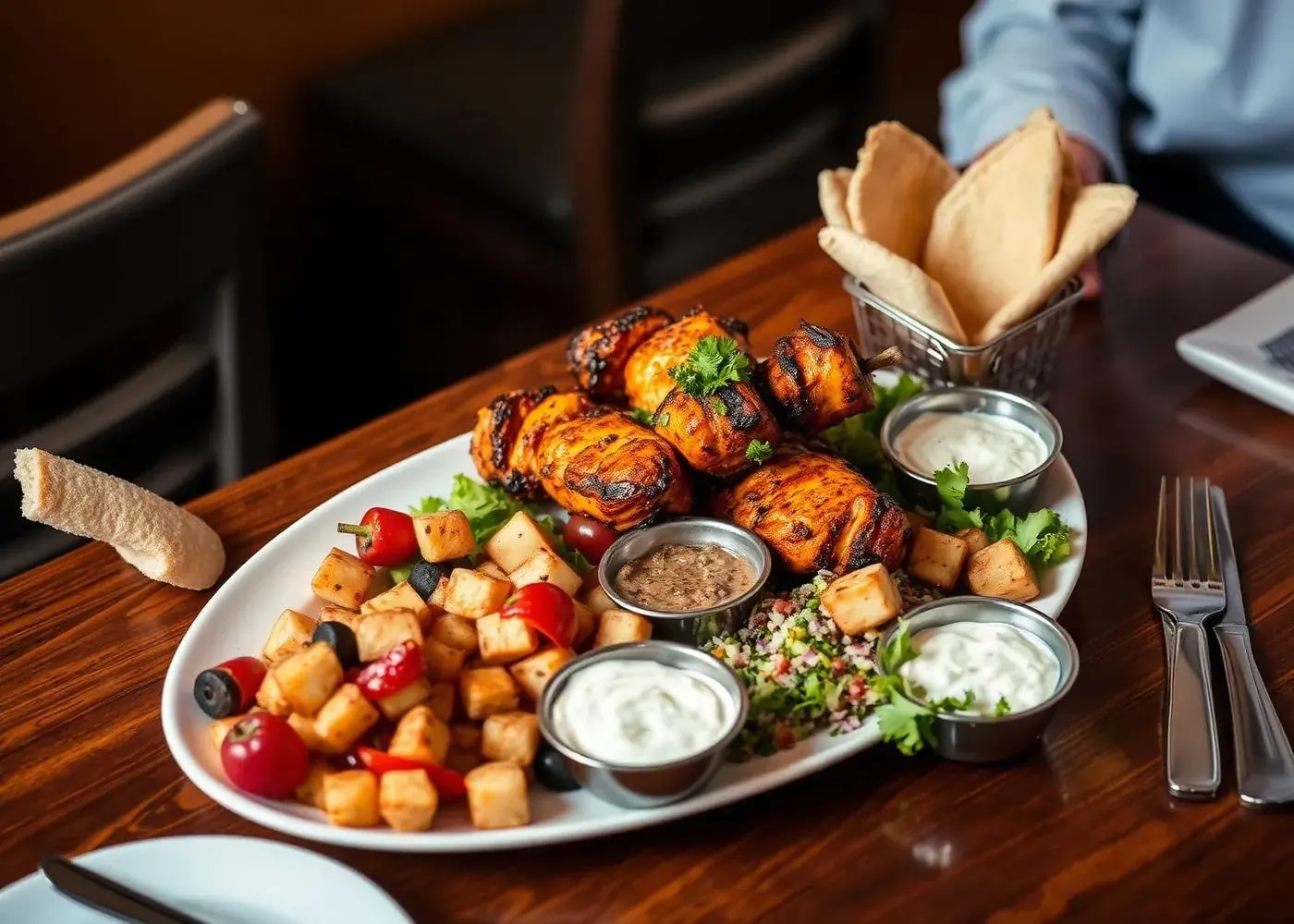 Tandoori chicken souvlaki platter with rice and salad